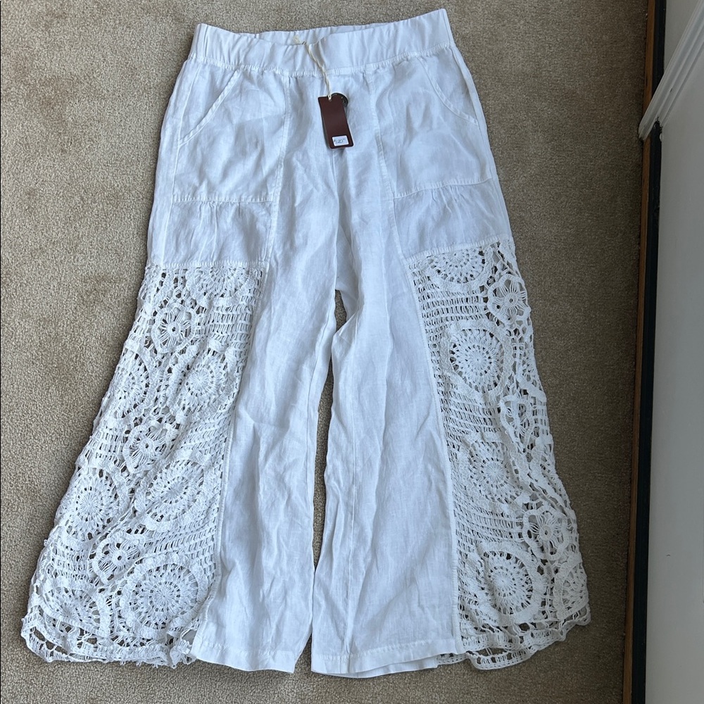 NWT White Crochet Panel Wide-Leg Pants Womens L